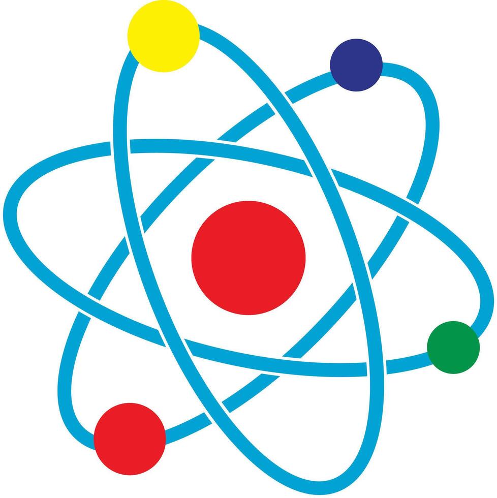 Dynamic atom model with orbiting electrons showcases physics and chemistry concepts for educational materials and science presentations vector