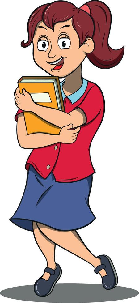 Cheerful cartoon student embracing her textbook with enthusiasm heading to class for a new school day with joy and eagerness to learn new things vector