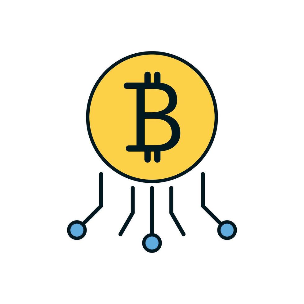 Yellow bitcoin icon linked to electronic nodes symbolizing crypto network, mining, and digital finance vector
