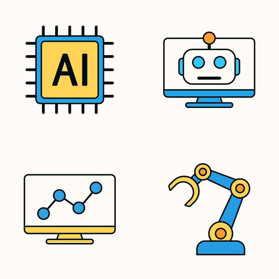 ilustración de ai chip, robot cara en monitor, datos grafico, y robótico brazo en minimalista plano estilo en blanco antecedentes vector