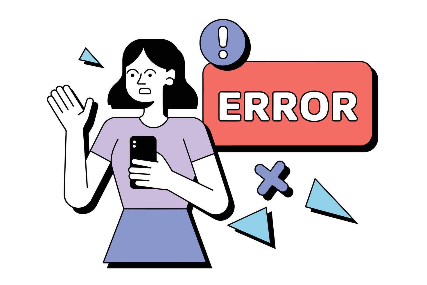dibujos animados mujer frustrado por error mensaje en teléfono técnico problema, software bicho, y sistema fracaso ilustración para sitio web, aplicación, ui o ux diseño vector