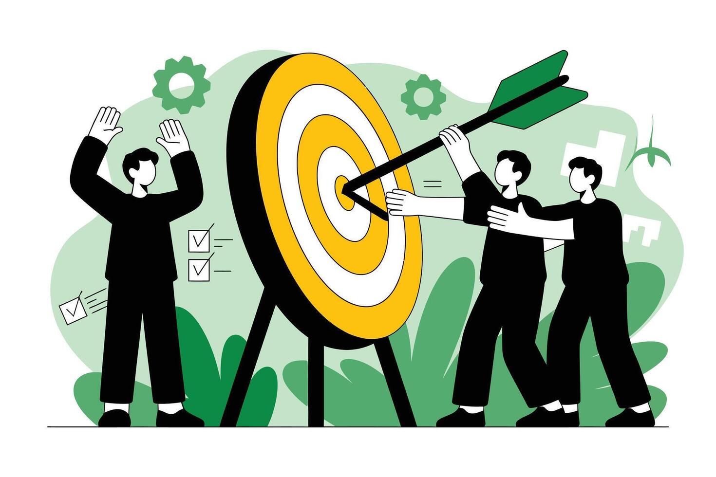 Teamwork Achieves Goals Illustration of a Target with Arrow Hit, Colleagues Celebrating Success, checklist with checkmarks, Green gears, and collaboration in a stylized environment vector
