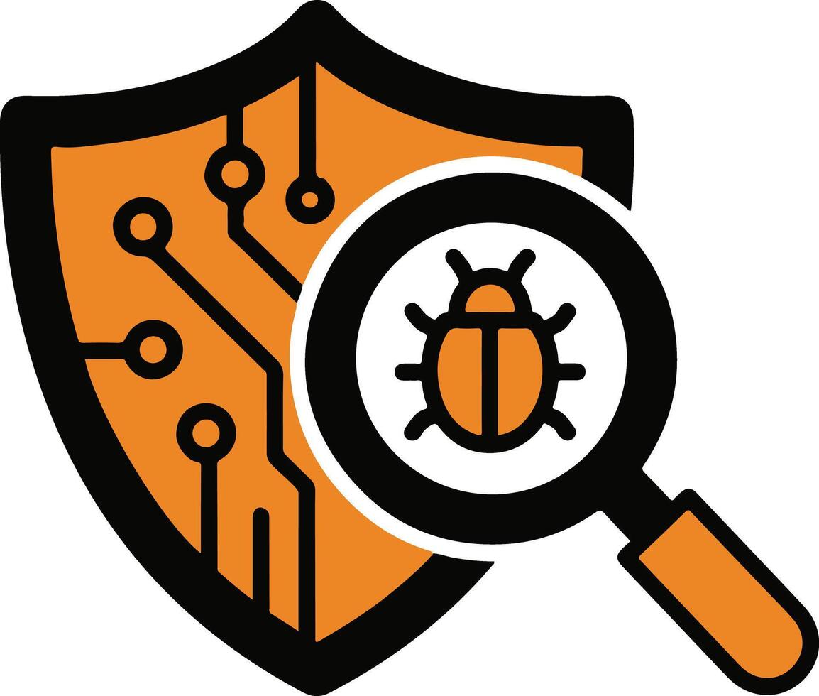 Cybersecurity shield with bug and magnifying glass, malware detection concept vector