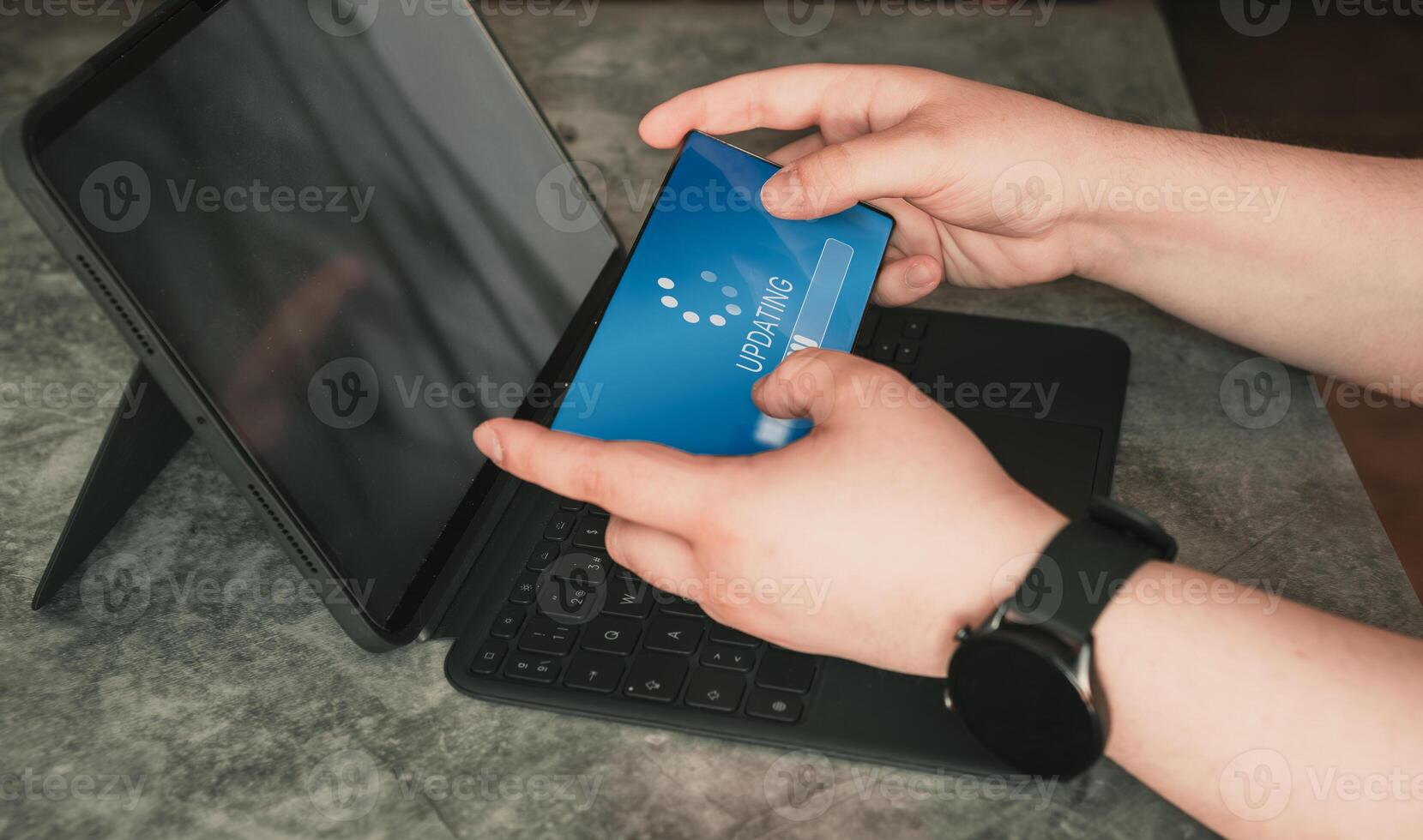 Woman updating smartphone software. Upgrade system interface on phone screen. Update progress bar for system upgrade. photo