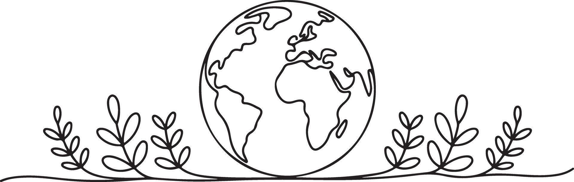Continuous Line Drawing Earth With Leaves Linear Globe With Foliage Contour World vector