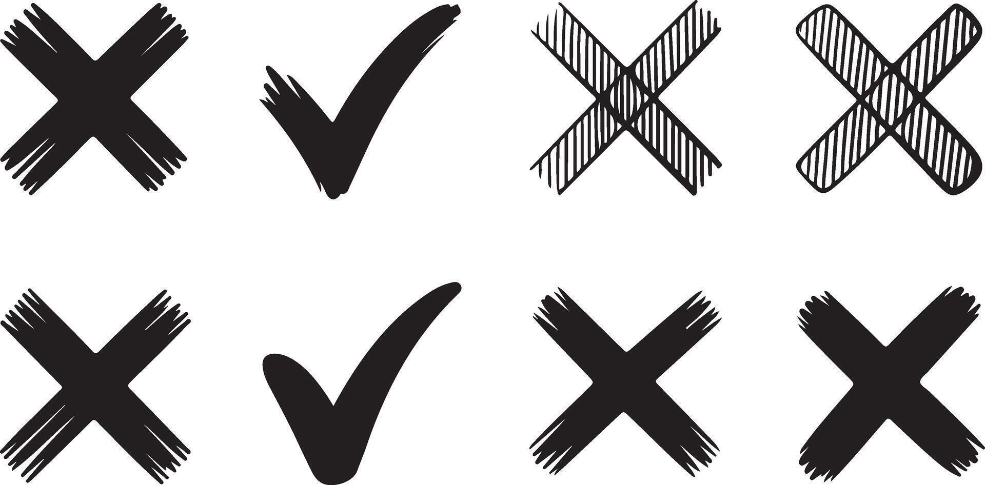 Hand Drawn Check Marks and Crosses Set in Doodle Style for Feedback and Decision Making vector