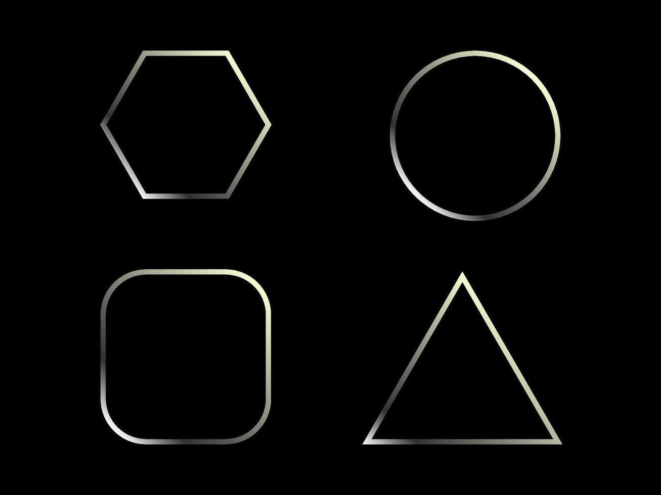 A set of four geometric shapes, including a hexagon, circle, rounded square, and triangle, all outlined in a shiny, metallic silver color against a black background vector
