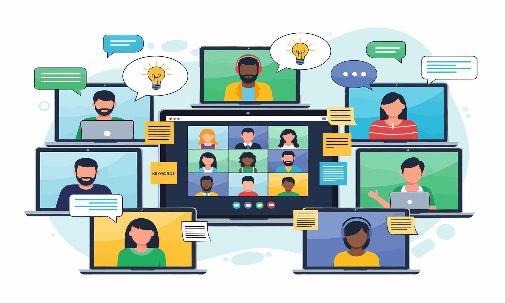 Virtual Meeting with Team for Online Collaboration and Brainstorming vector