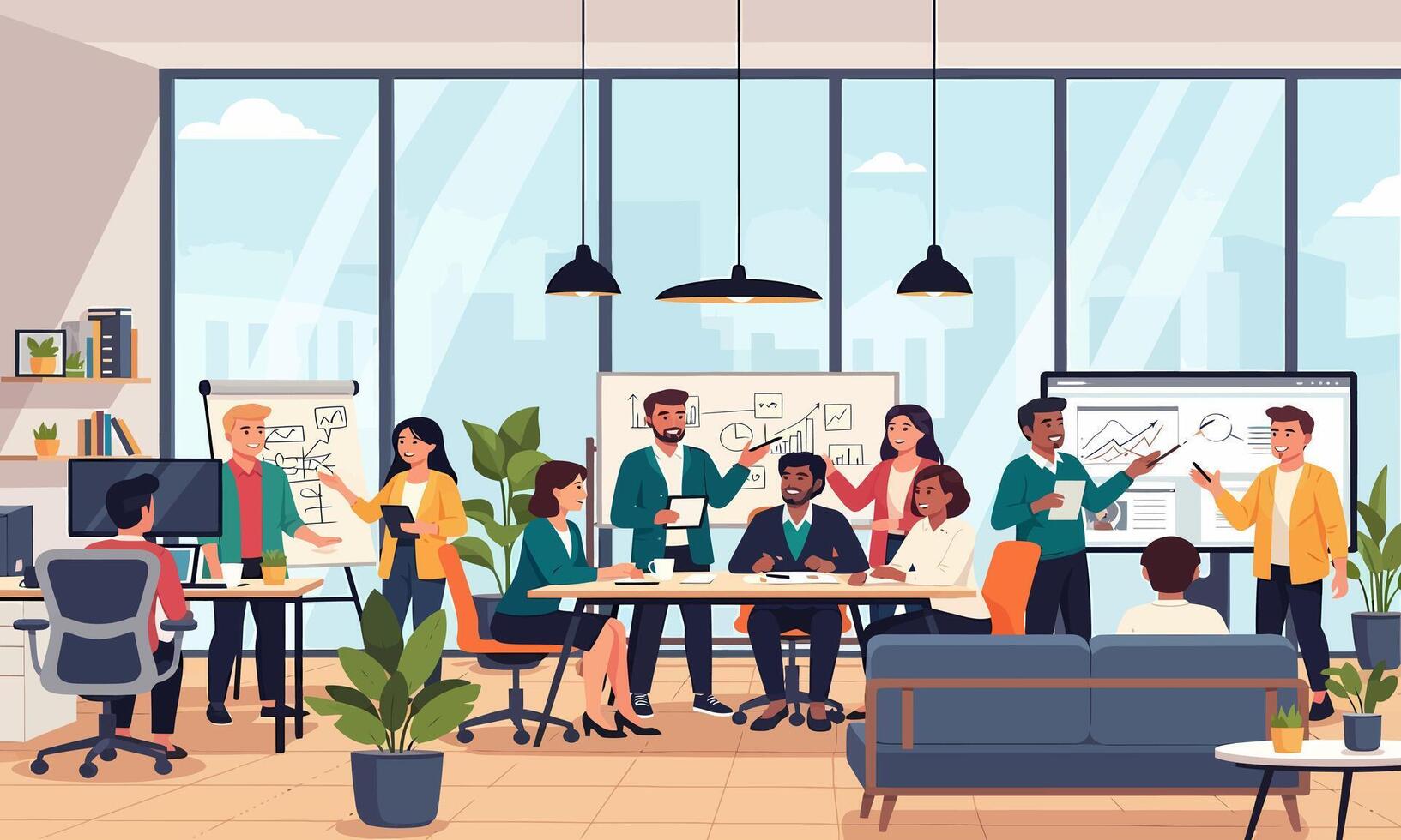 concept of a dynamic business team engaged in collaborative work and strategic planning in a modern office vector