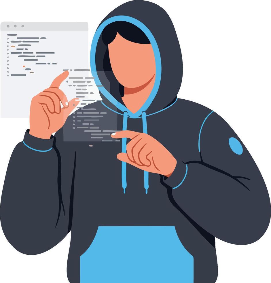 ilustración de persona en capucha con codificación elementos en moderno plano estilo para tecnología y programación diseño vector