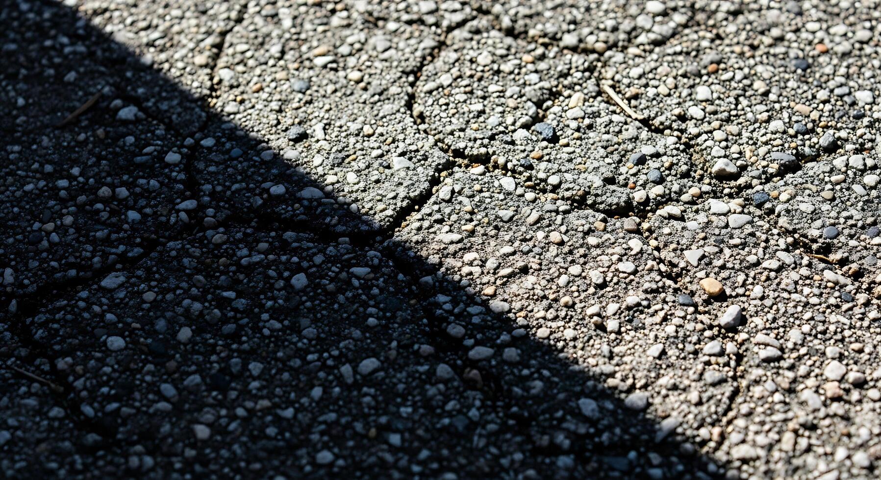 Close up view of weathered asphalt shingles with a distinct shadow line creating a diagonal divide photo
