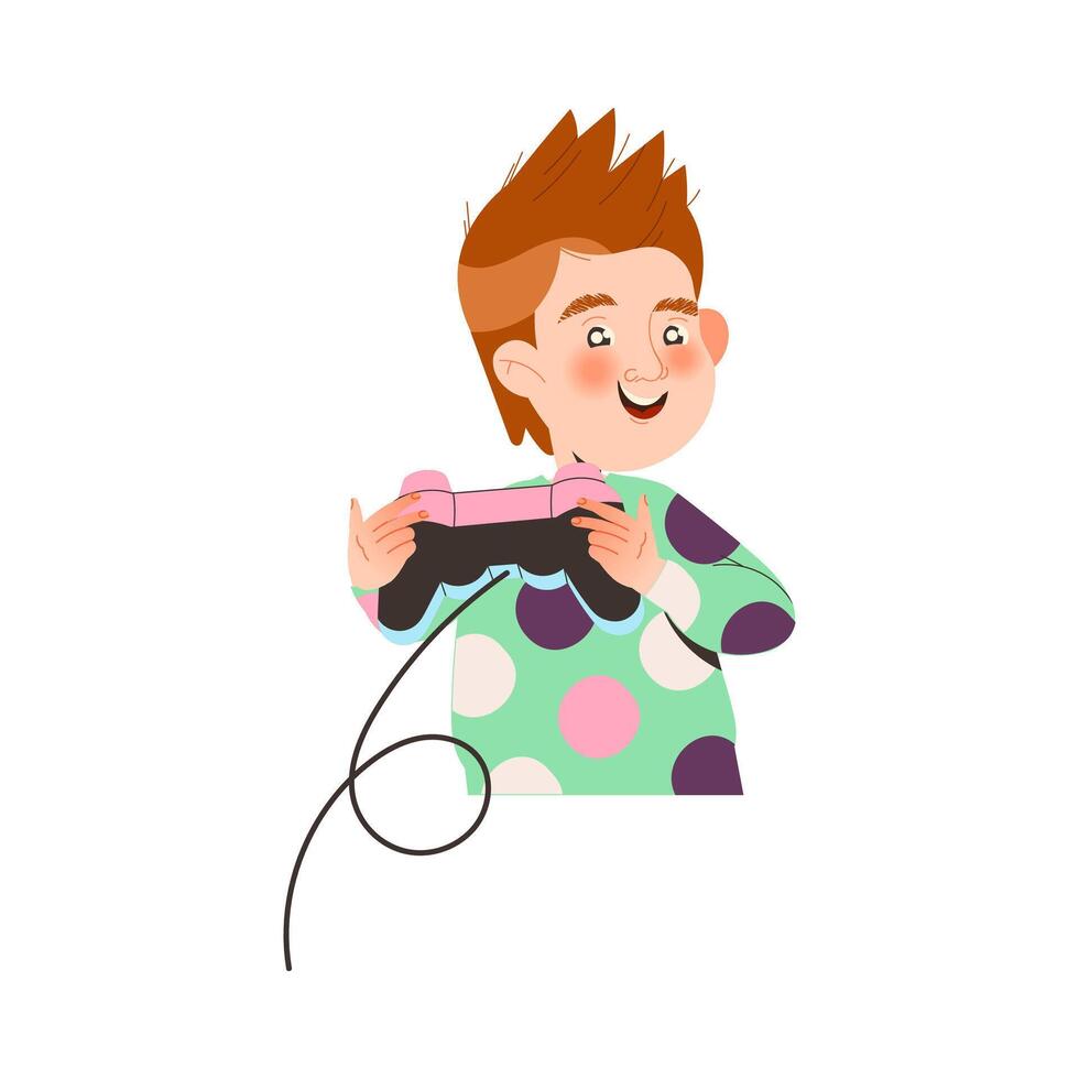 Playful Little Boy with Gamepad Playing Computer Game Enjoying Pastime Illustration vector