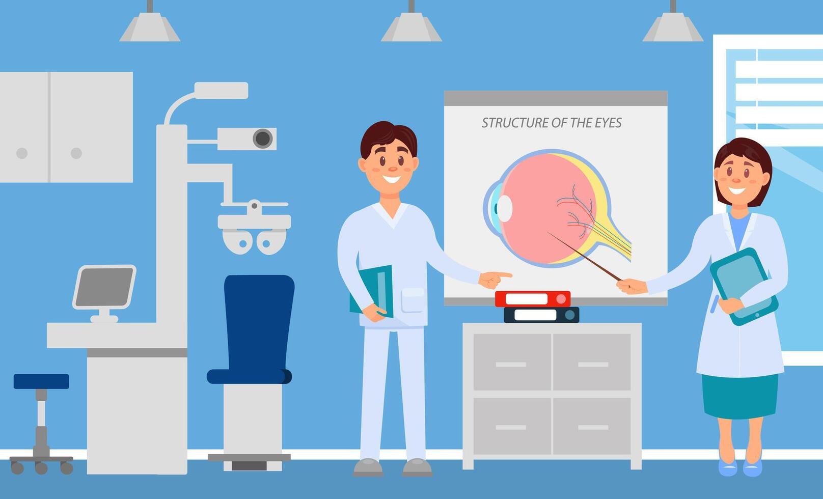 Optometrists discussing eye anatomy vector