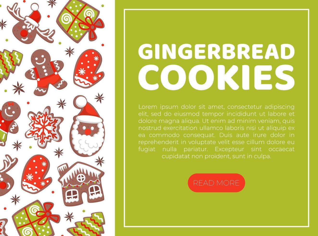 Gingerbread cookies web banner template with space for text. Merry Christmas and New Year landing page, website with gingerbread cookies pattern cartoon vector