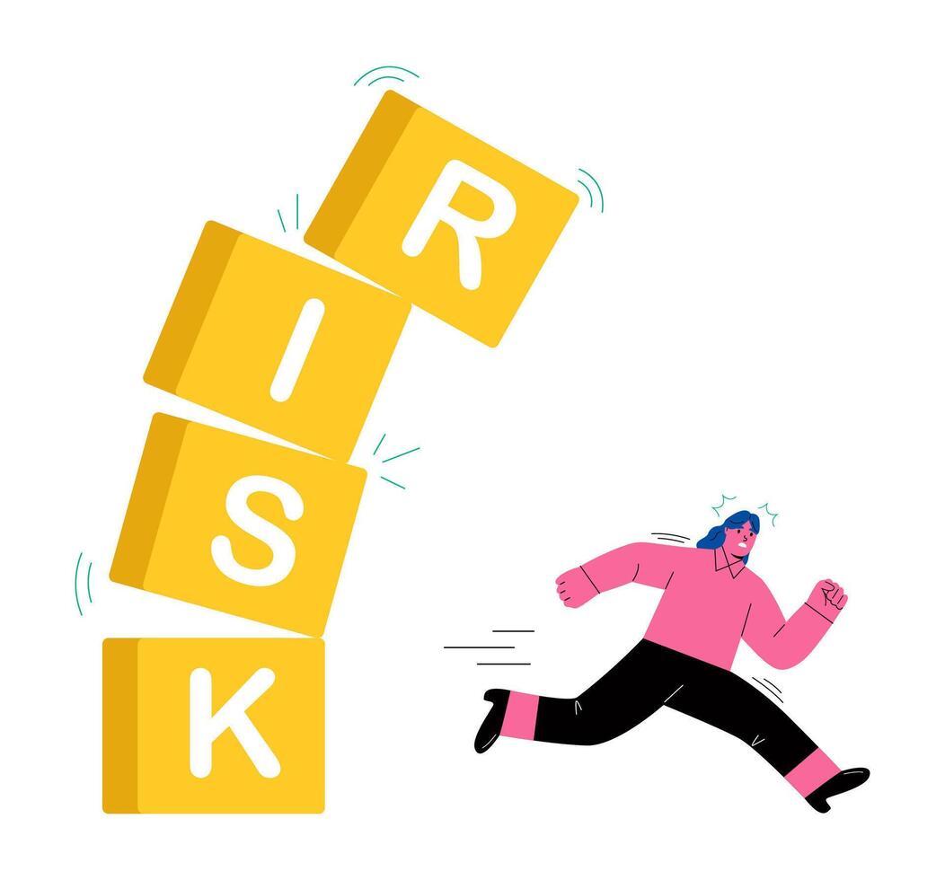 Business woman runs to avoid the blocks that are about to collapse. Avoid high risks. Flat illustration isolated on white background vector