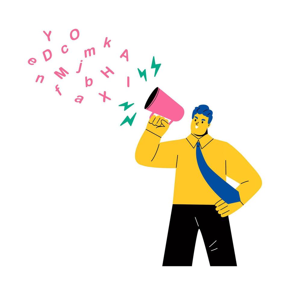 Business man with megaphone and shout with alphabet letters. Flat illustration isolated on white background vector