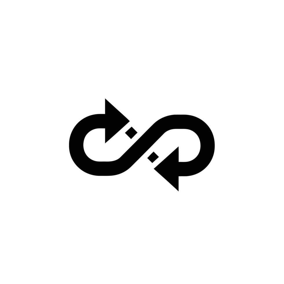 Black infinity loop with arrows and square connector, design vector