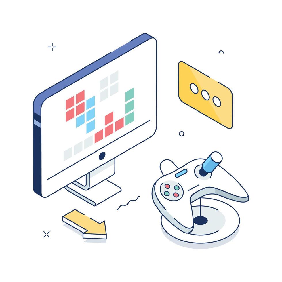 Modern isometric illustration showing a computer gaming setup with joystick, monitor vector