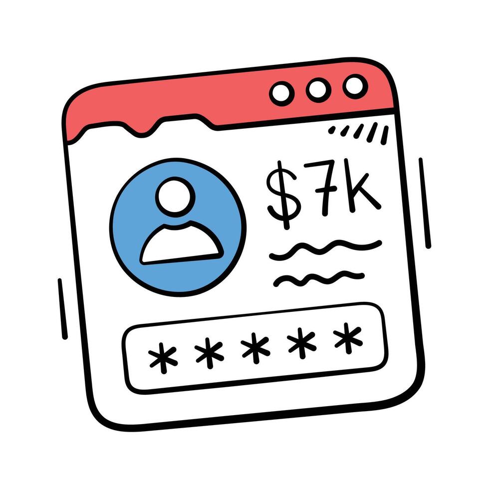 Dashboard window showing user profile and revenue, account login doodle icon vector