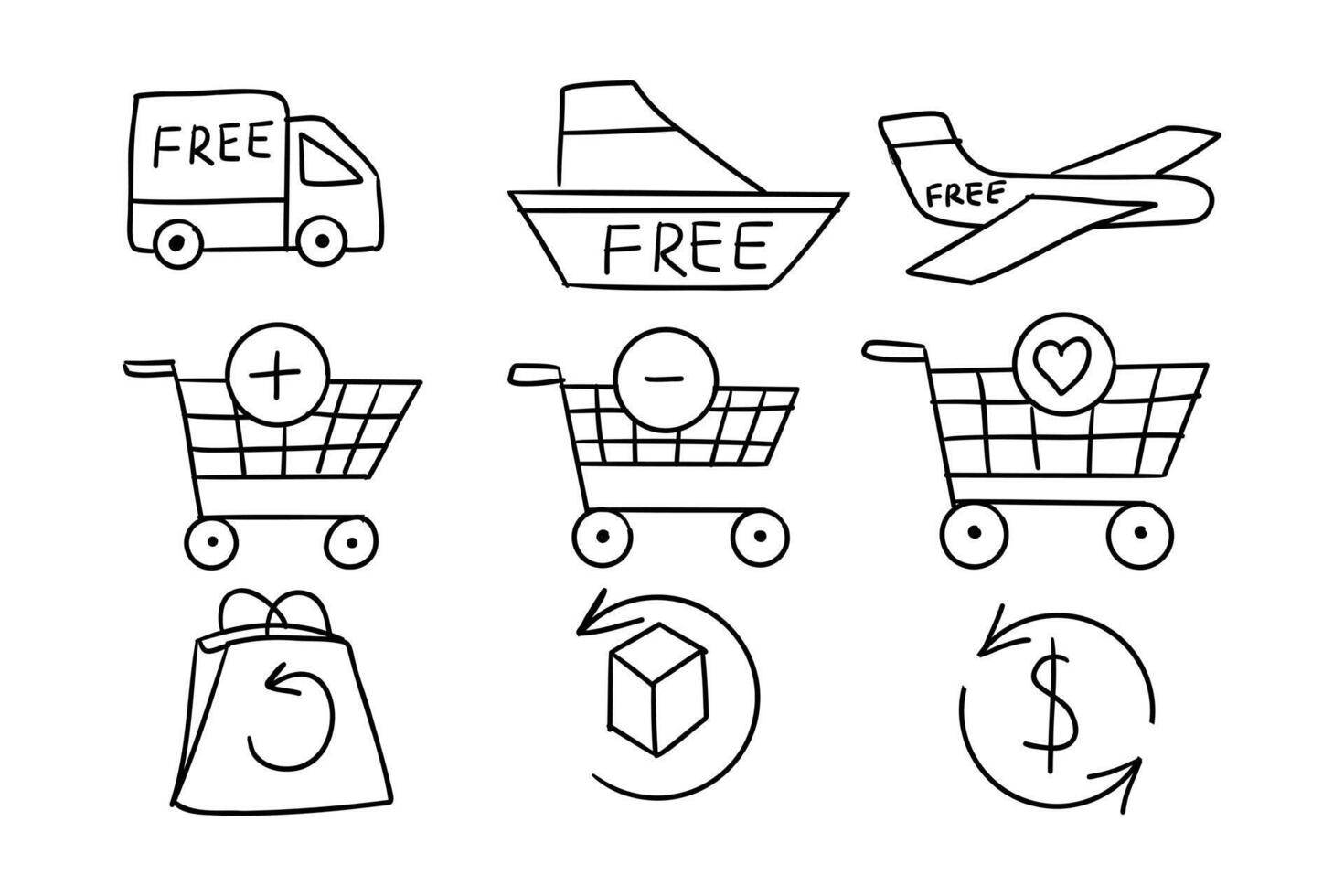 Shopping and delivery icon set in black and white line style with symbols for free shipping, cart actions, and returns. Concept of online shopping, ecommerce transactions and customer service process vector