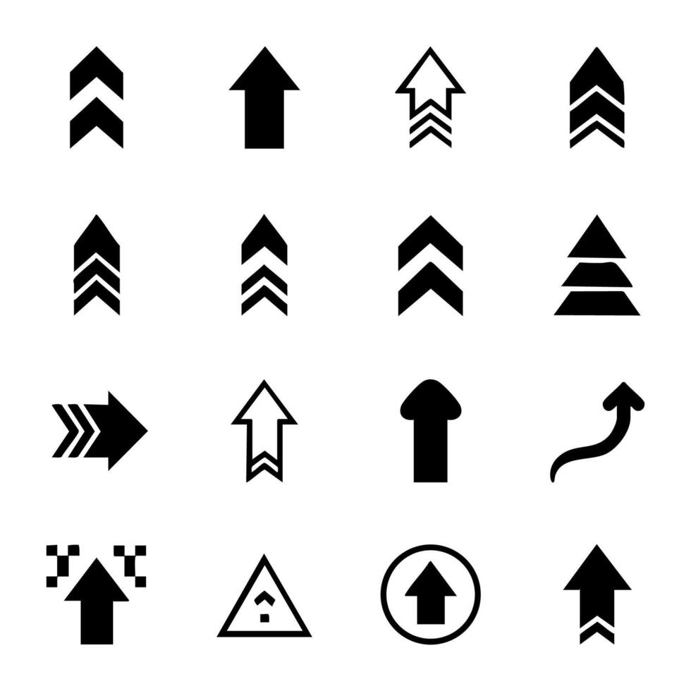 Collection of various black up arrow silhouette icons indicating direction upload progress and movement isolated on white background vector