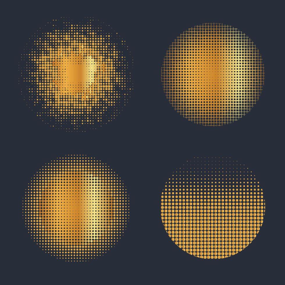 Abstract gold glowing halftone dotted background. Set of gold glitter patterns in circle form. Circle halftone dots. vector