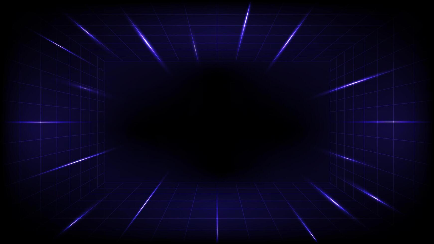 A futuristic technology or retro 80s style background with a deep blue glowing neon perspective grid extending into darkness, framed by bright light streaks vector