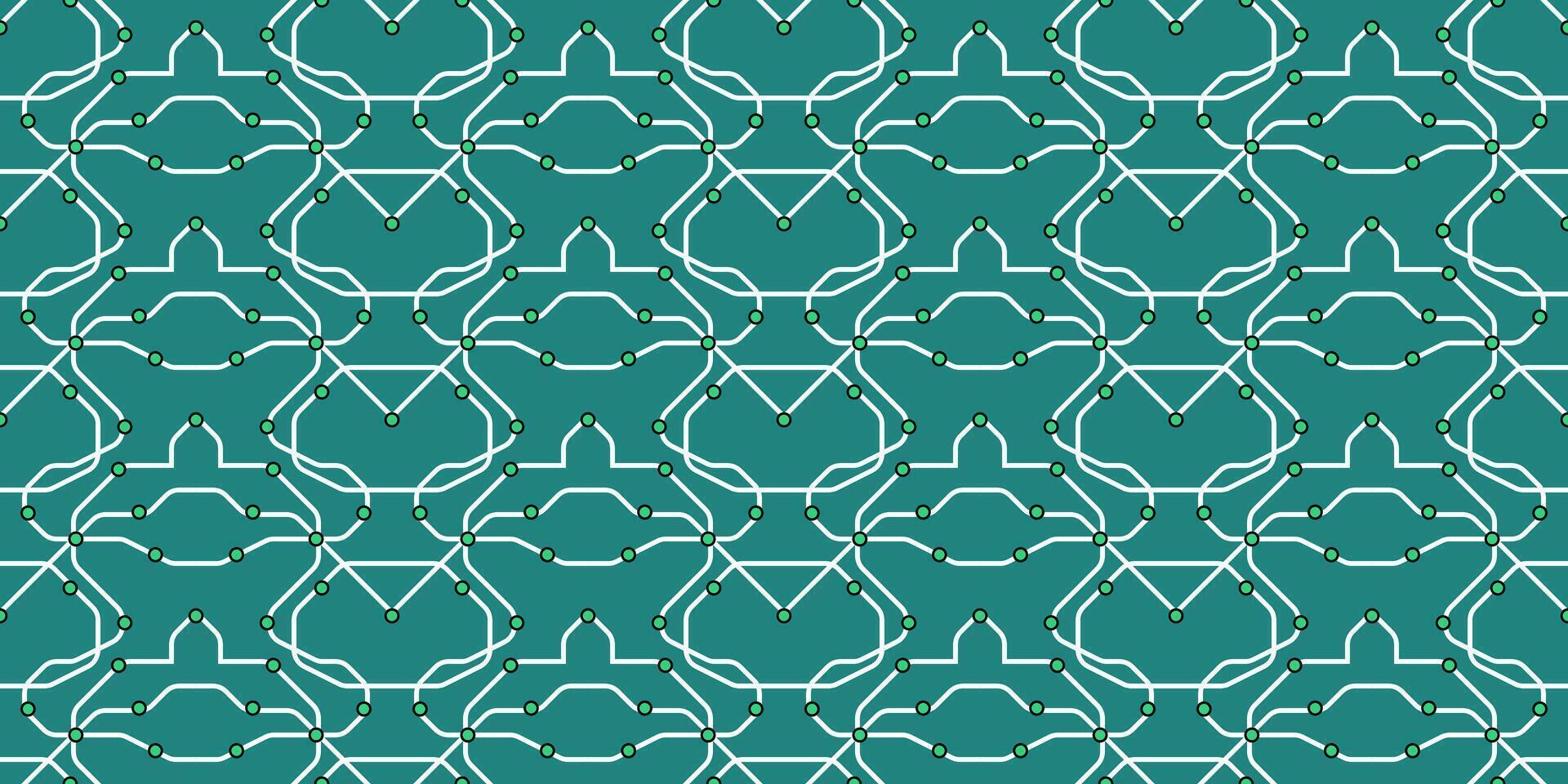 Geometric tech pattern with white lines and green white dots on teal, ideal for themes like science, systems, AI, networks, and digital design. vector
