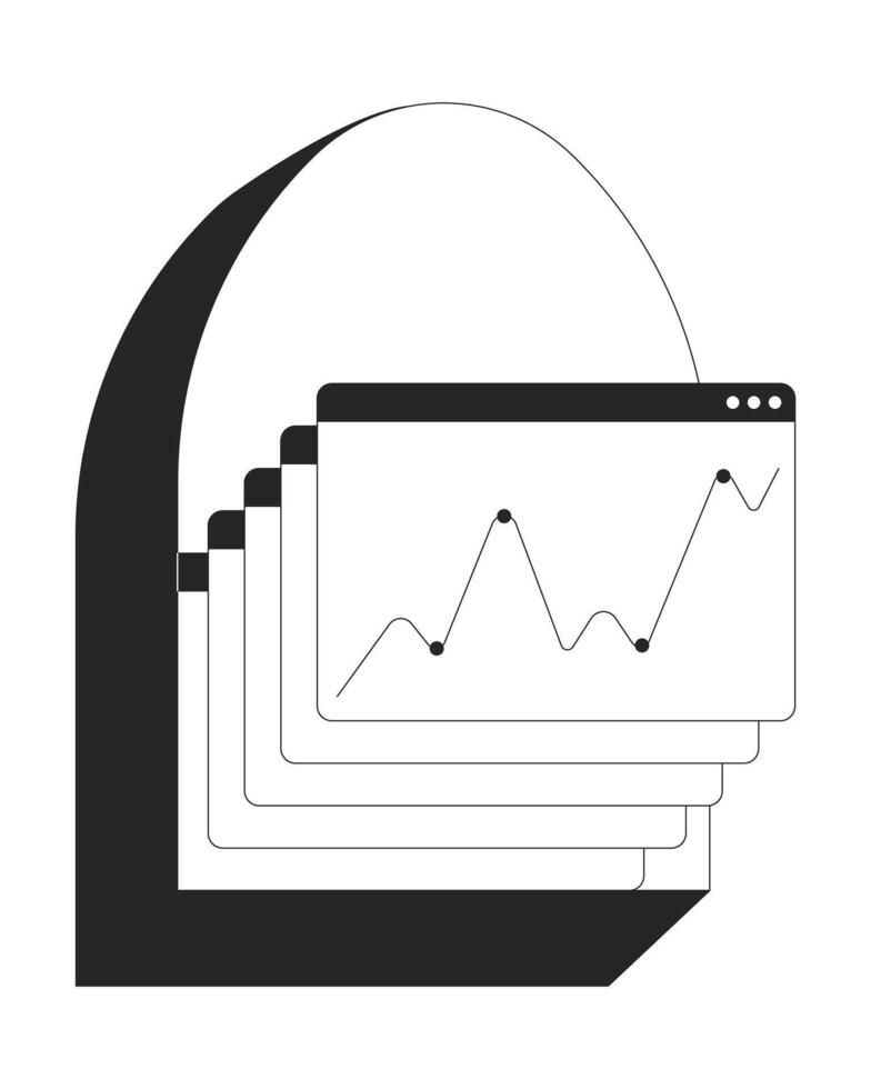 Stacked browser windows with line graph 2D line object. Analytical chart. Performance monitoring. Y2K web window with data points isolated clipart ink outline item. Monochrome spot illustration vector