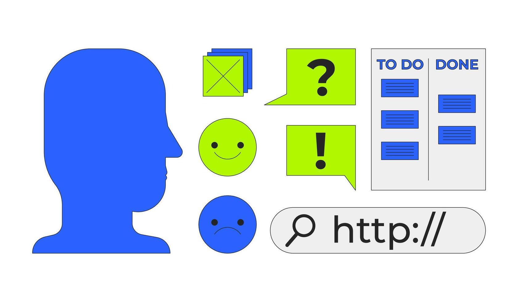 Head silhouette and digital interface ui elements 2D cartoon objects set. Feedback, profile human, task management isolated elements flat clip arts on white. Spot illustrations collection vector