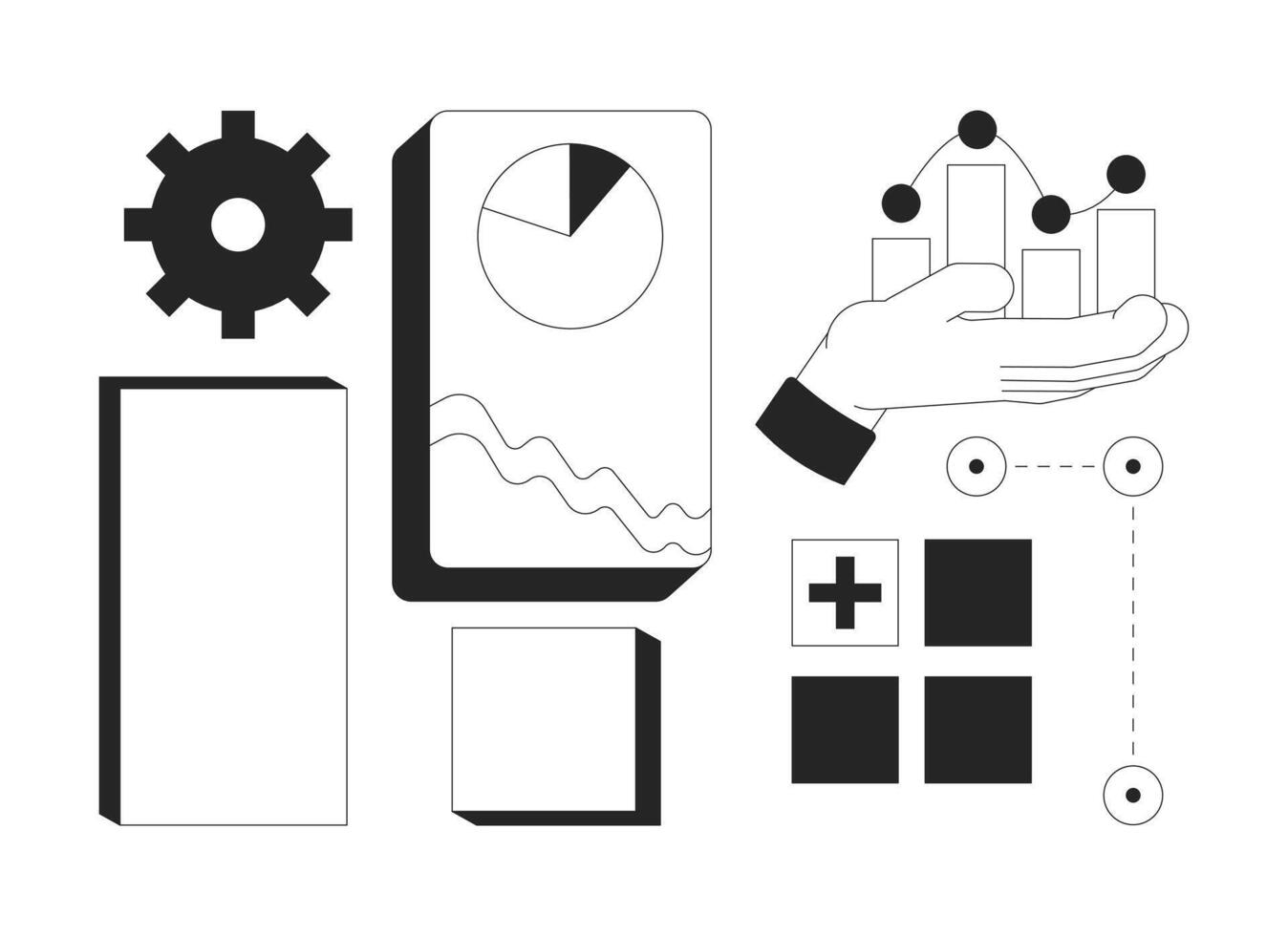 Data visualization with UI components 2D line objects set. Analytics. Gear, graph chart, hand holding, blank shapes isolated cliparts ink outline items. Monochrome spot illustrations collection vector