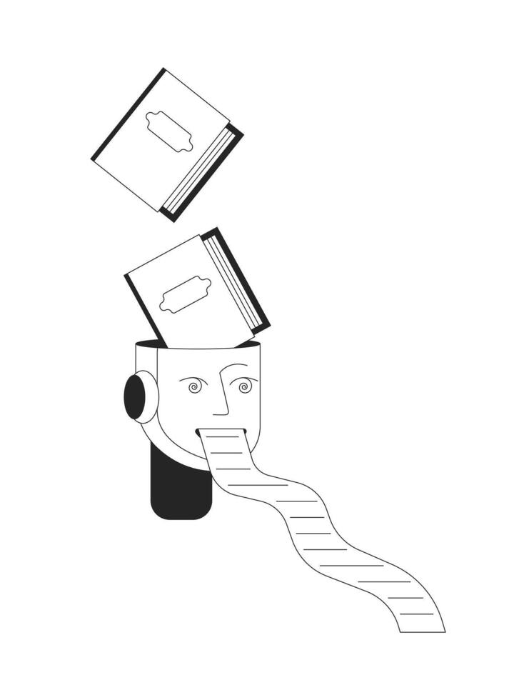 AI robot consuming books and generating data 2D line character. Artificial intelligence machine learning, content creation isolated ink outline personage. Monochromatic spot illustration vector