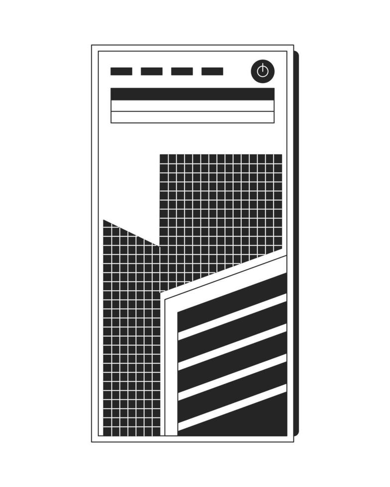 Modern desktop computer case 2D line object. Hardware enclosure with geometric grid design. Tech device with power button isolated clipart ink outline item. Monochrome spot illustration vector