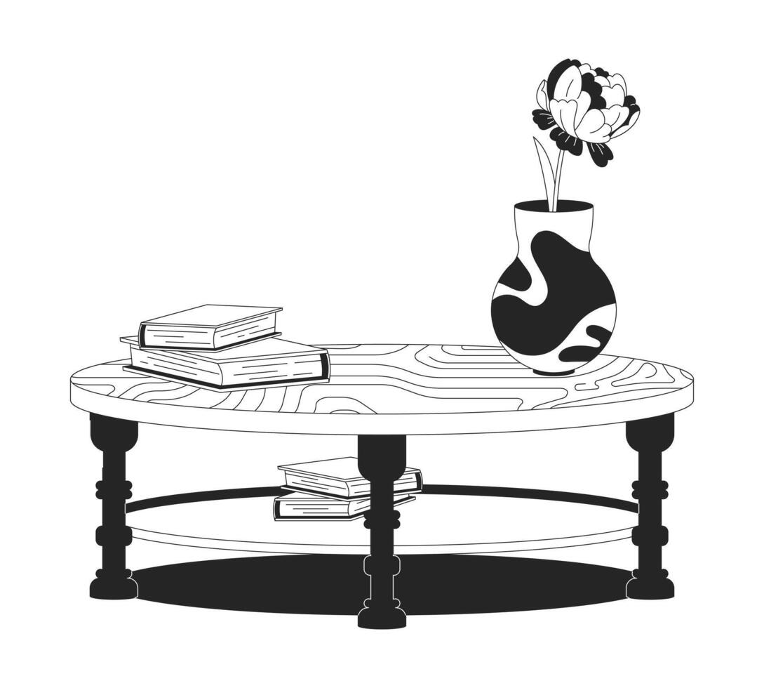 Coffee table styling with vase and books 2D line object. Wooden surface with peony flower, bookstack. Reading nook furniture isolated clipart ink outline item. Monochrome spot illustration vector