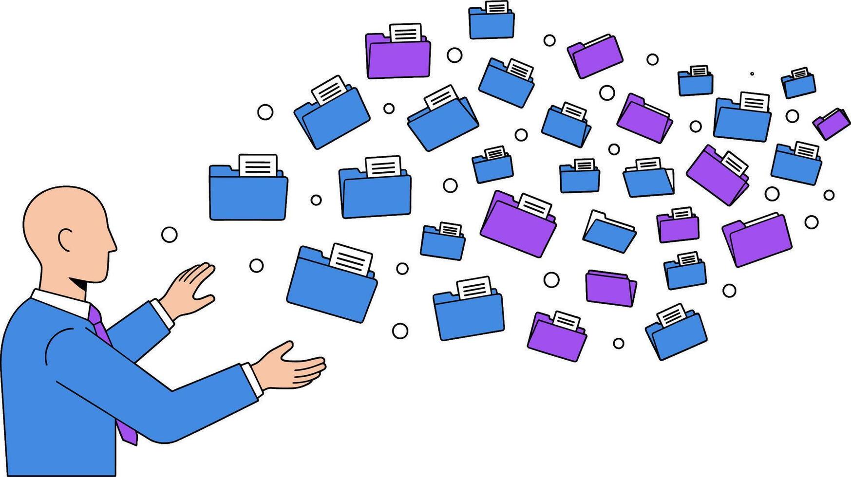 Man managing digital files and folders in a data stream. vector