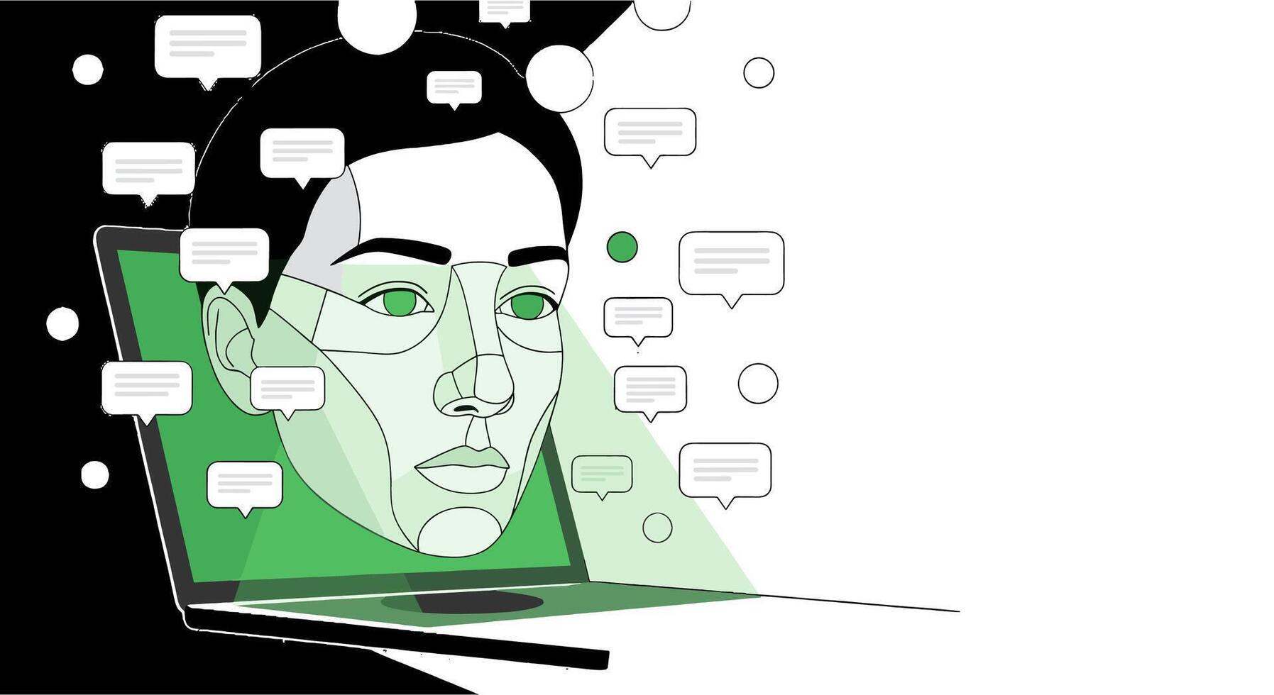 Digital communication and artificial intelligence concept with human face emerging from laptop. vector