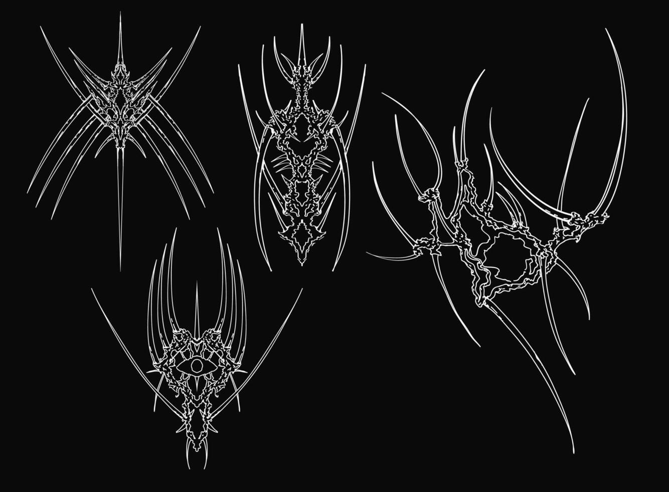 Cyber sigilism elements. Neo Tribal symmetrical shapes, gothic sharp spikes with heart. set vector