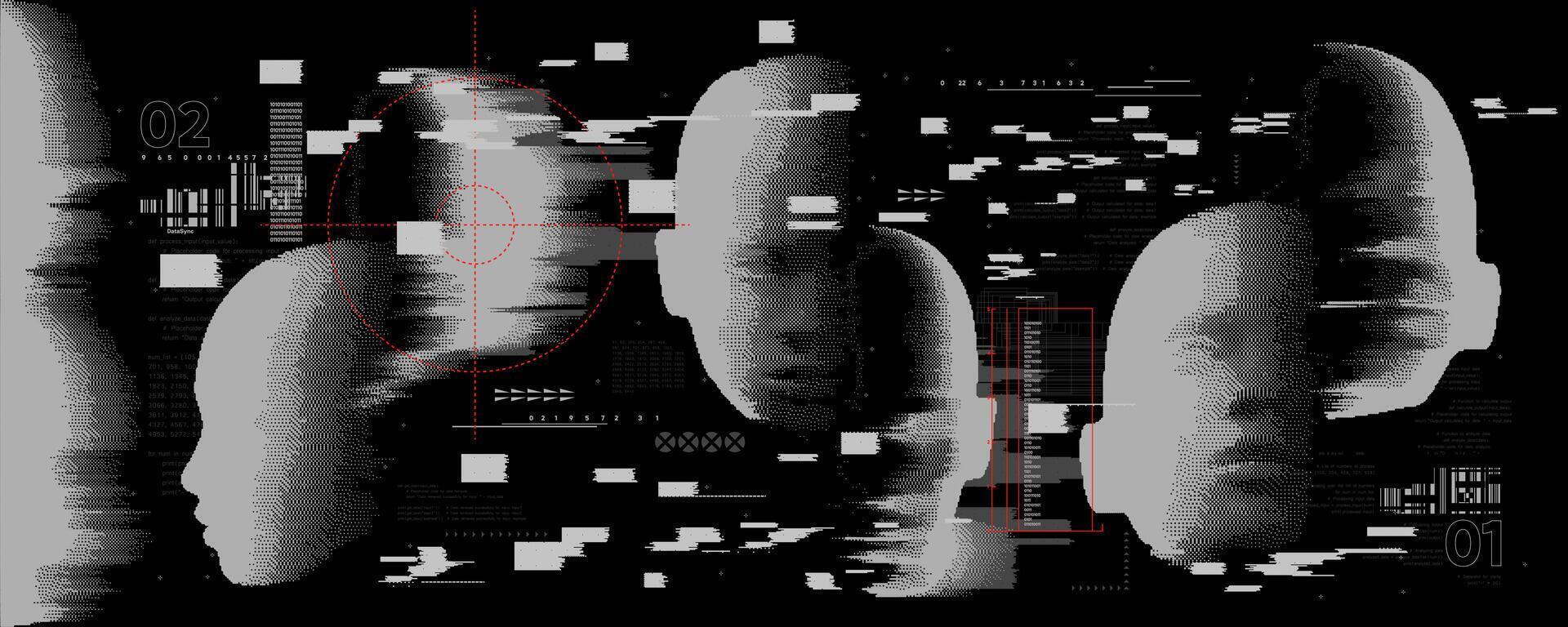 Retro futuristic wireframe low poly face. Pixel bitmap graphic with grunge distorted waves. background vector