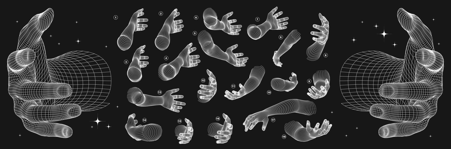 Retro futuristic wireframe 3D hand model. Low poly human hands, graphics for projects, prints, posters. set vector