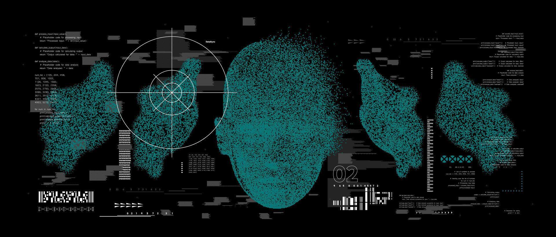 Retro futuristic blurred face with hands. Pixel bitmap graphic with grunge distorted waves. background vector