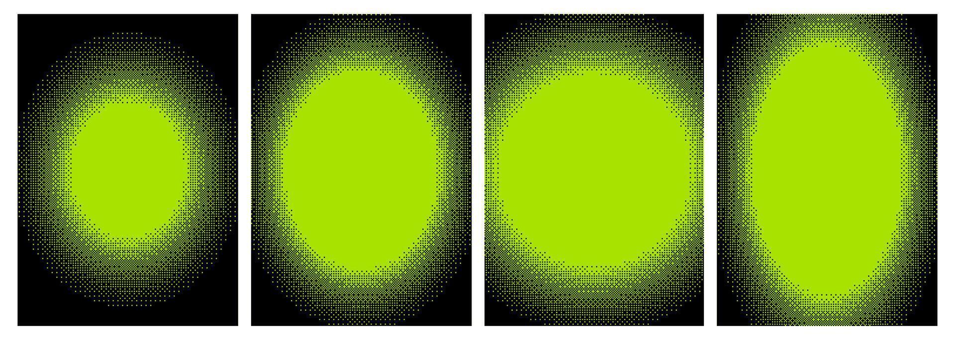 Radial pixel backgrounds with dither bitmap effect. Neon green square gradients for abstract poster or brutalist layout vector