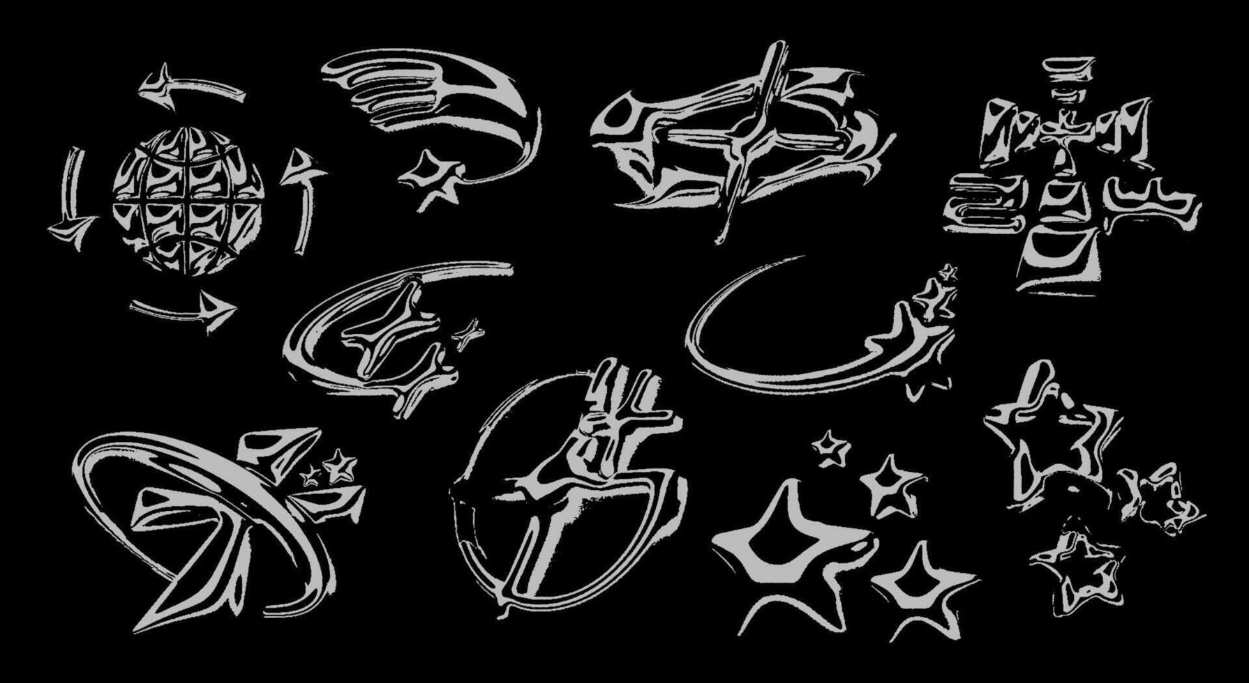 Y2K icons in 3D with grunge texture effect. Retro planet elements, stars and crosses. A set of objects for creating posters, business cards, banners, prints for clothes vector