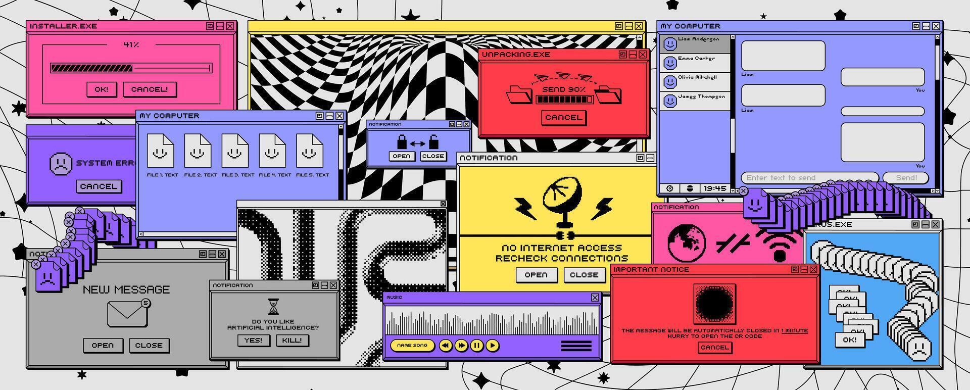 Retro desktop pc interface windows. Vintage colorful digital icons, retro cartoon computer screen, system notifications, applications vector