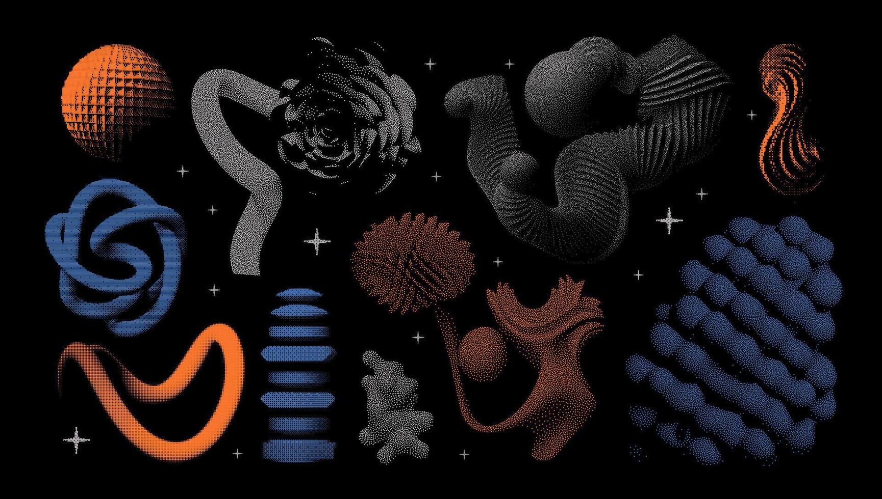 Abstract geometric elements. Universal 3D bitmap shapes with dither, halftone, stipplism effects. In a minimalistic style, graphics for posters, banners, business cards, clothes vector