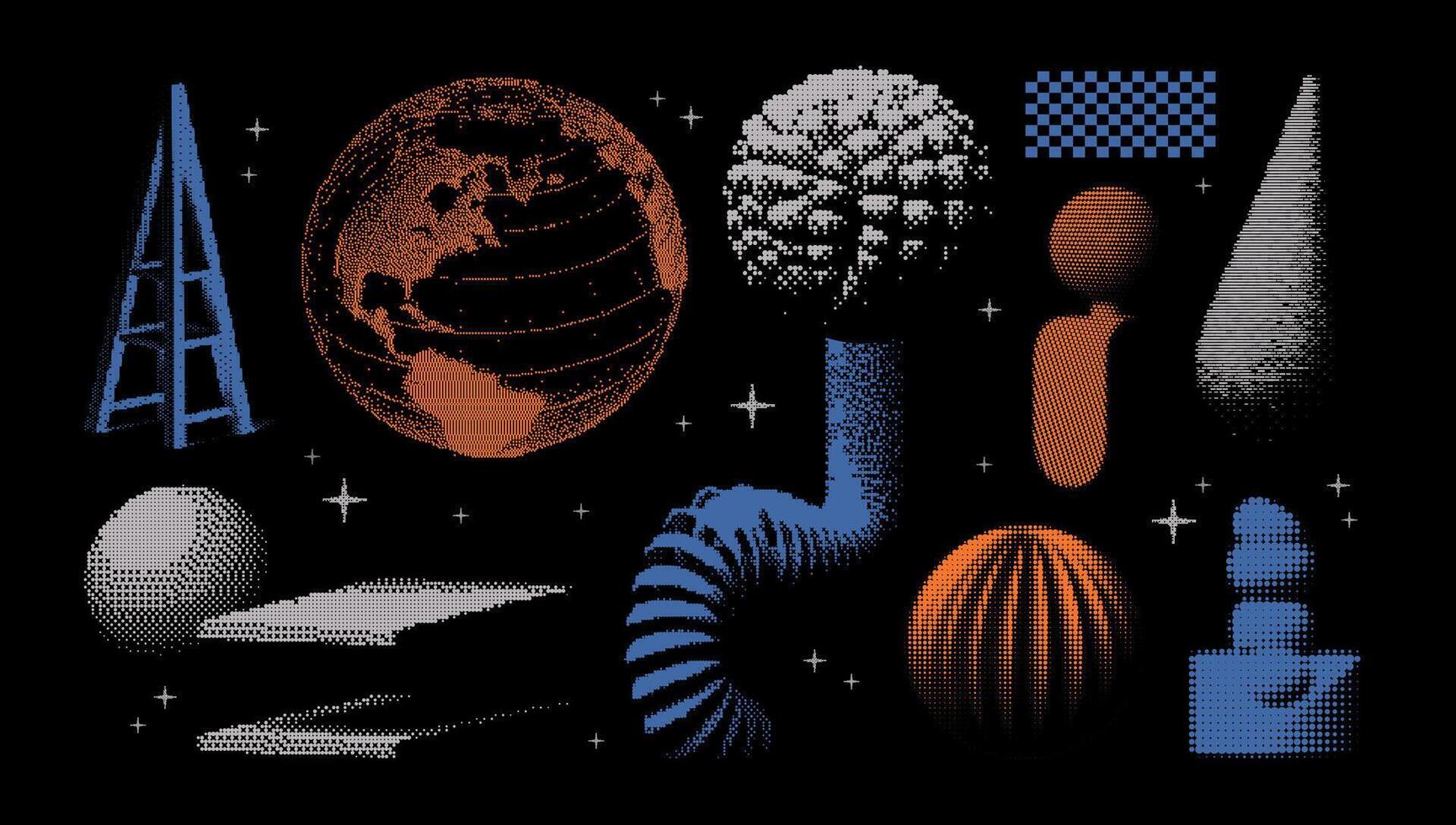 Abstract geometric elements. Universal 3D bitmap shapes with dither, halftone, stipplism effects. In a minimalistic style, graphics for posters, banners vector