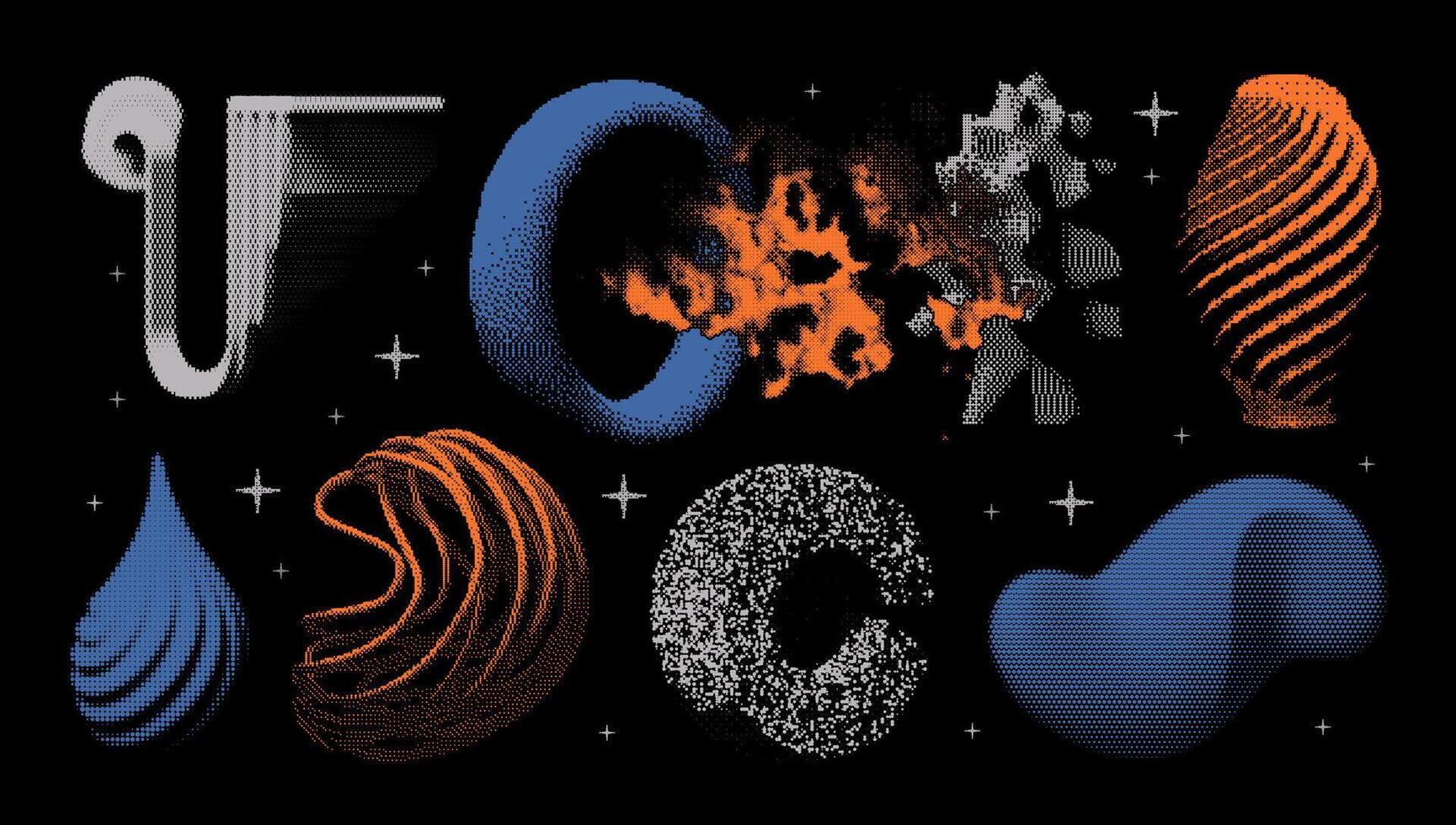 Abstract geometric elements. Universal 3D bitmap shapes with dither, halftone, stipplism effects. In a minimalistic style, graphics for posters vector