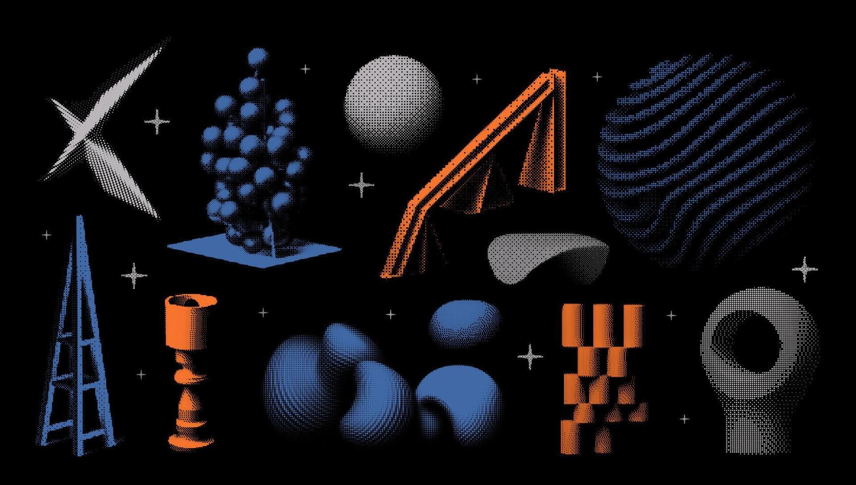 Abstract geometric elements. Universal 3D bitmap shapes with dither, halftone, stipplism effects. In a minimalistic style, graphics for posters, banners, business cards, elements set vector