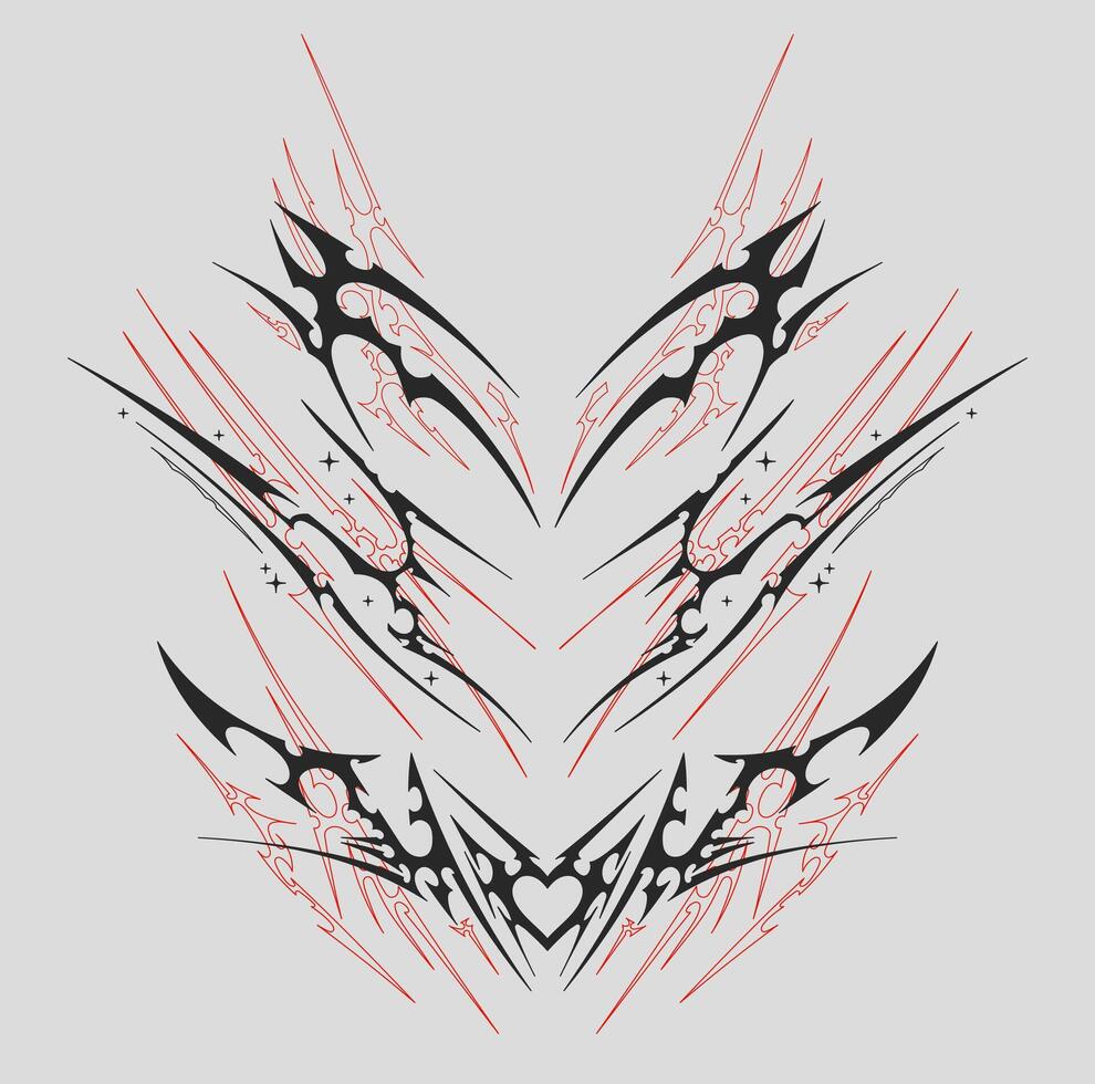Neo Tribal symmetrical shapes. Cyber sigilism elements, gothic y2k sharp spikes with bones. vector