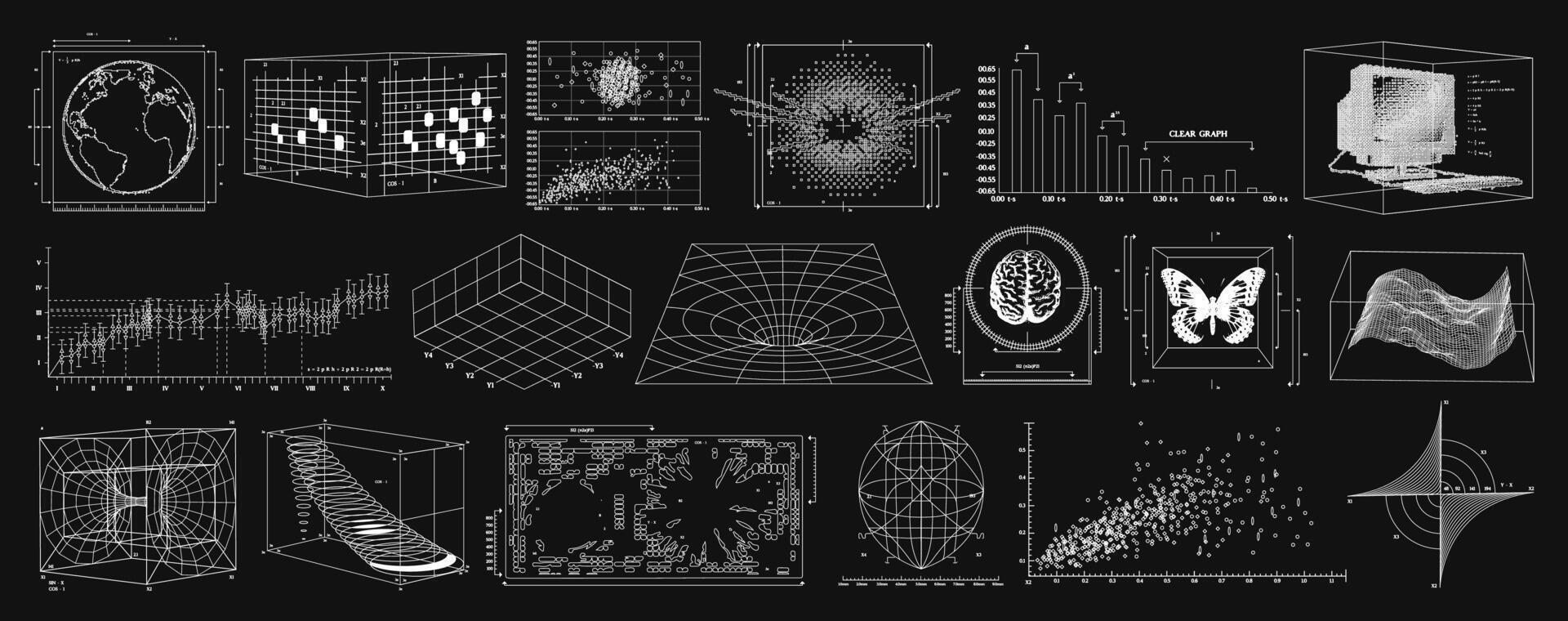 Wireframe of geometric shapes. 3D retro futuristic blueprints of spheres, waves, diagram, graphs. vector