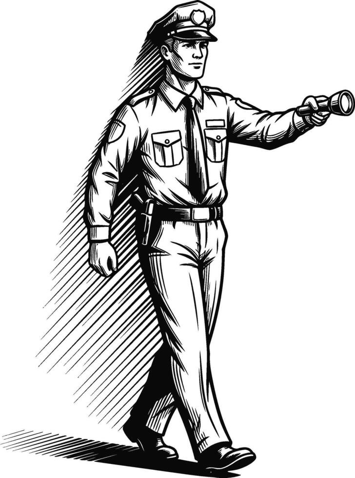 Classic black and white line art portrays a uniformed officer confidently signaling, embodying authority, direction, and public service with a timeless graphic appeal vector